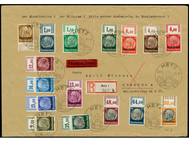 1940, 3-100 Pfg, meist mit Oberrand mit Sonderstempel auf R-Brief nach Hamburg, 100 Pfg. mit Aufdruckfehler "c statt e in Lot