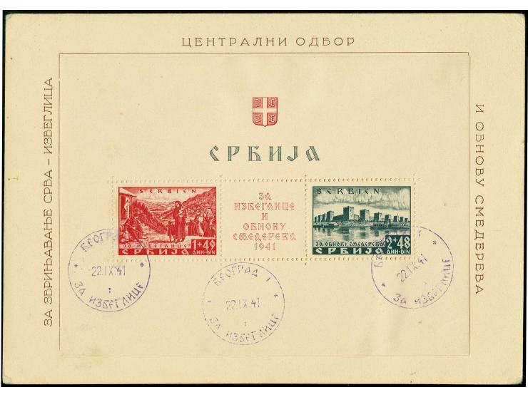 Semendria-Block gezähnt mit violettem Ersttag-Sonderstempel auf entsprechendem Karton, etwas gummifleckig, sonst gute Erhaltu