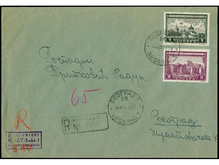 1942, Klöster 2 und 7 Din. mit Stempel "BEOGRAD 26.VIII.41" auf Orts-R-Brief mit Zensurstempel "ZENSURIERT 0327 / Sekt. I", t