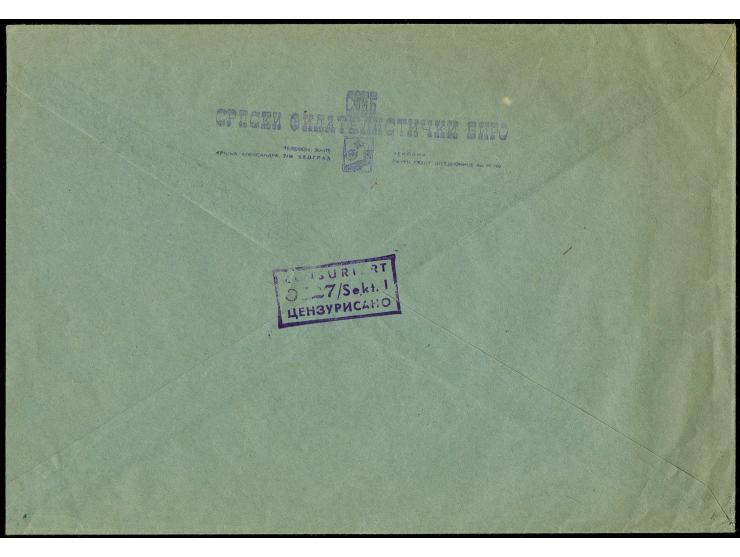 1942, Klöster 2 und 7 Din. mit Stempel "BEOGRAD 26.VIII.41" auf Orts-R-Brief mit Zensurstempel "ZENSURIERT 0327 / Sekt. I", t