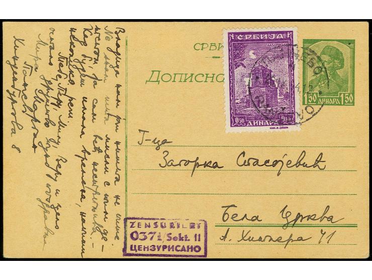 Ganzsachen: 1943, Ganzsachenkarte mit Zufrankatur Serbische Klöster 0,50 D. ab "PANCEVO 20.9.44" mit seltenem Zensur Ra3 "ZEN