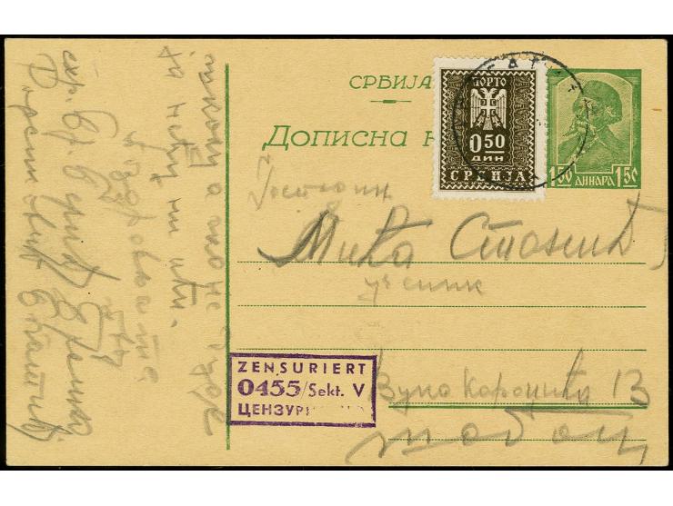"ZENSURIERT 0455/ Sekt V" violetter Ra3 auf Ganzsachenkarte 1,50 Din. mit Zufranktur Porto 0,50 Din. ab "BOGATIC 1 IX 44" nac