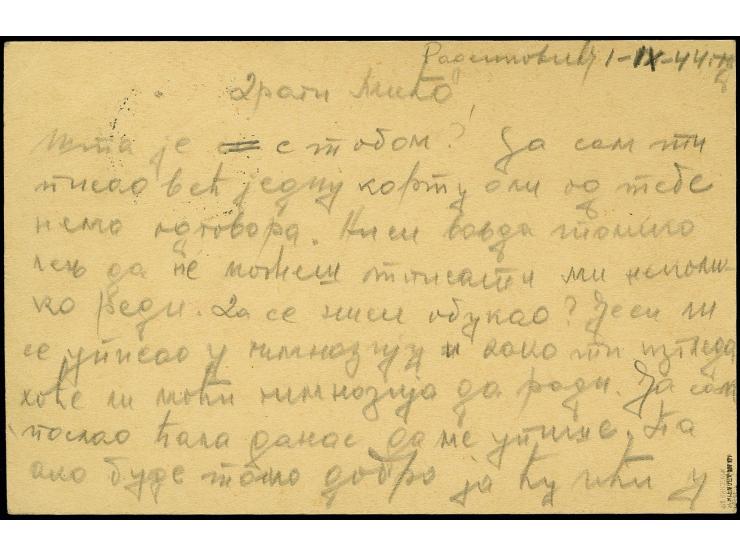 "ZENSURIERT 0455/ Sekt V" violetter Ra3 auf Ganzsachenkarte 1,50 Din. mit Zufranktur Porto 0,50 Din. ab "BOGATIC 1 IX 44" nac