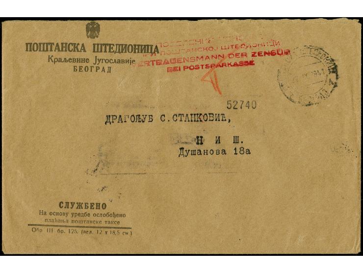 "VERTRAUENSMANN DER ZENSUR BEI POSTSPARKASSE" roter Zensurstempel auf infrankiertem Brief von "BEOGRAD 22.IX.41" nach Nis, la