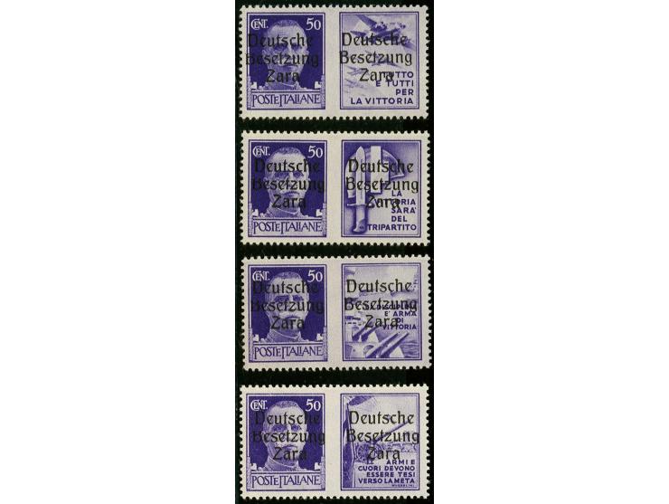 1943, 50 C. hellviolett mit Propagandafeld P1 bis P4,  je Aufdruckfeld 3-4 mit Aufdruckfehler "fehlender Bogen des B" bzw. kr