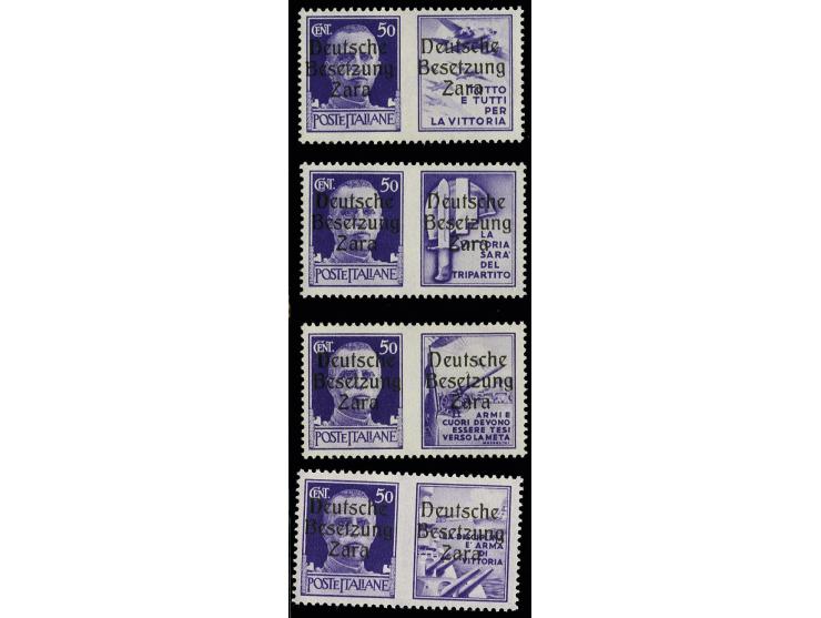 1943, 50 C. hellviolett mit Propagandafeld P1 bis P4, jeweils mit Aufdrucktype IV, rechts mit Aufdruckfehler "D unten offen",
