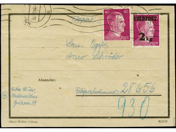 1944, Päckchen-Zulassungsmarke 2 kg auf 40 Pfg. und Hitler 40 Pfg. mit Handrollstempel "HALDENSLEBEN 30.12.44" auf kpl. Päckc