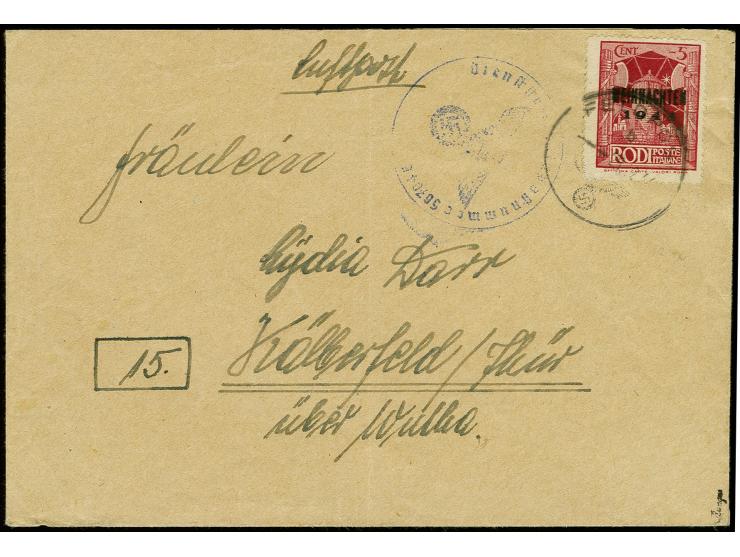 Rhodos Weihnachtsmarke in Type I mit Normstempel "b 28.12.44" auf Brief mit Briefstempel mit alter Feldpost-Nummer "56704 E" 
