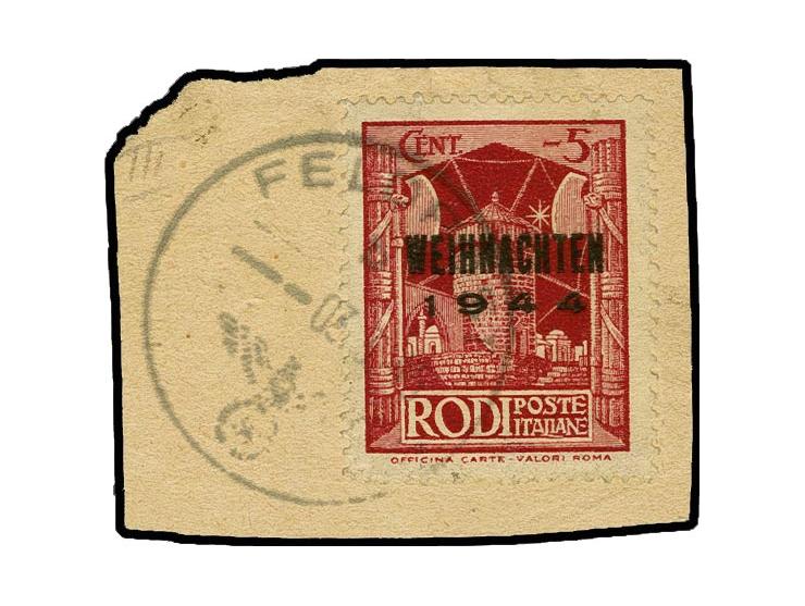 Weihnachstmarke in Type III, farbfrisch und gut gezähnt mit sauberem Normstempel "FELDPOST b 03.3.45" (Postamt Rodi) auf Brie