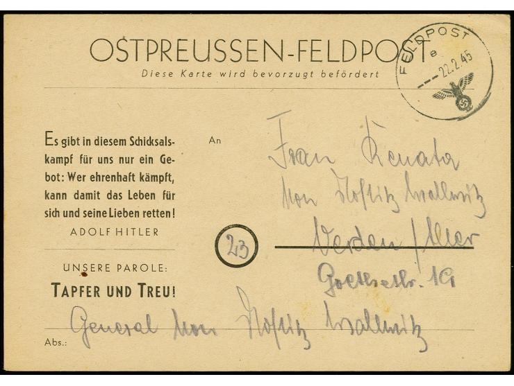 Ostpreußen-Feldpost: 1945, Vordruck-Postkarte auf weißem Karton, gebraucht mit Normstempel "e 22.2."  und Absender-Angabe von