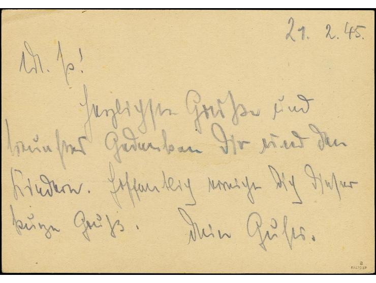 Ostpreußen-Feldpost: 1945, Vordruck-Postkarte auf weißem Karton, gebraucht mit Normstempel "e 22.2."  und Absender-Angabe von