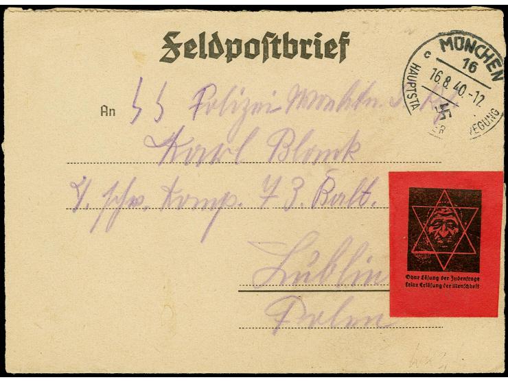 1940/42, Feldpostbrief mit Normstempel "b 27.2.42" und SS-Feldpostkartenbrief von "MÜNCHEN 16.8.40", jeweils mit roter Vignet