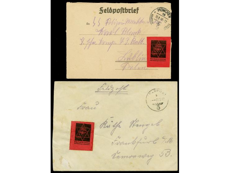 1940/42, Feldpostbrief mit Normstempel "b 27.2.42" und SS-Feldpostkartenbrief von "MÜNCHEN 16.8.40", jeweils mit roter Vignet
