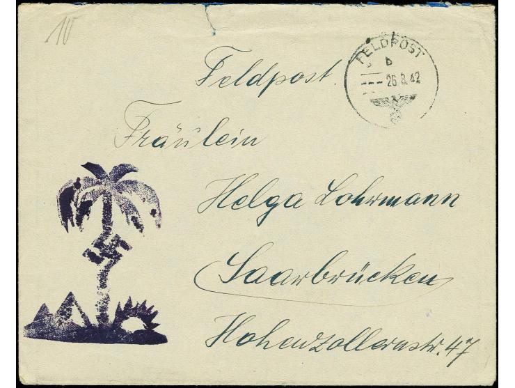 1942, Feldpostbrief mit Normstempel "b 26.8.42" und sogen. Palmenstempel (Form Nr. 13) nach Saarbrücken, rückseitig mit Absen