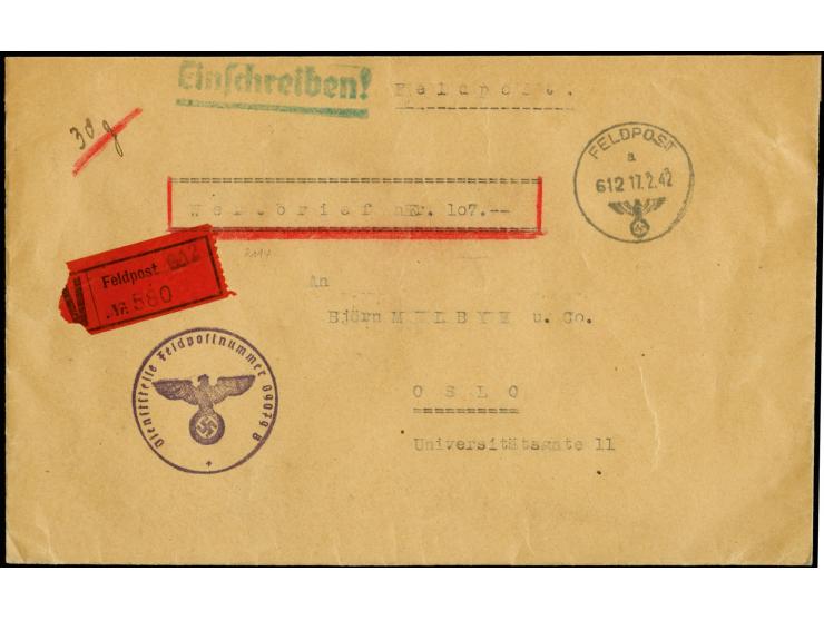 1942, Feldpost-Wertbrief mit Normstempel "a 612 17.2.42" und Feldpost-Wertzettel mit Kennummer-Stempel "612" sowie Briefstemp