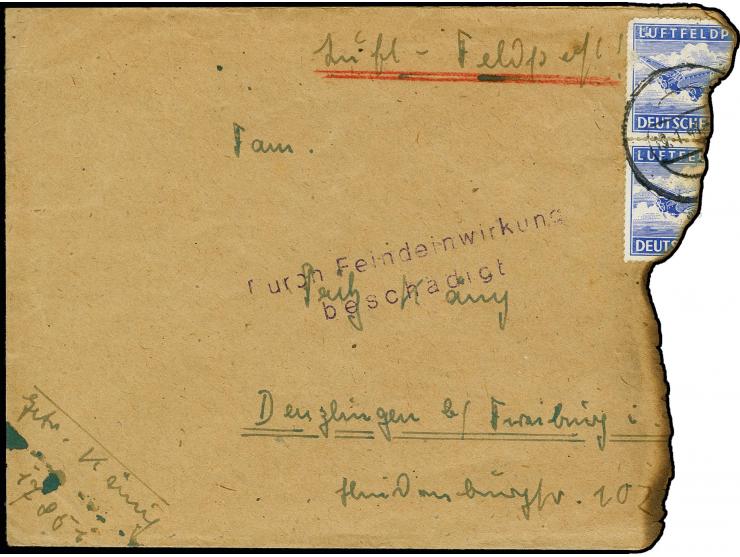 1943, "Durch Feindeinwirkung beschädigt", violetter L2 klar auf Luftpost-Feldpostbrief mit aptiertem Tagesstempel vom 19.1. n
