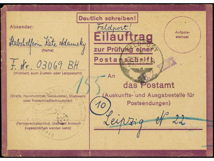 1944, Eilauftragskarte gebraucht mit Normstempel "b 21.2." mit Briefstempel nach Leipzig und retour mit Stempel "LEIPZIG 26.2