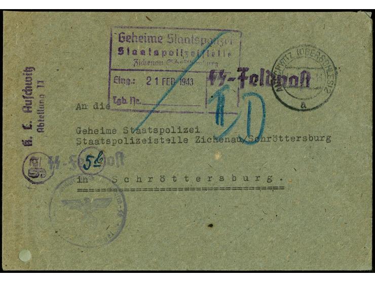 KZ Auschwitz: 1943,  "(9a) K.L. Auschwitz Abteilung II", violetter L2 auf SS-Feldpostbrief von "AUSCHWITZ 2 18.2.43" mit unde