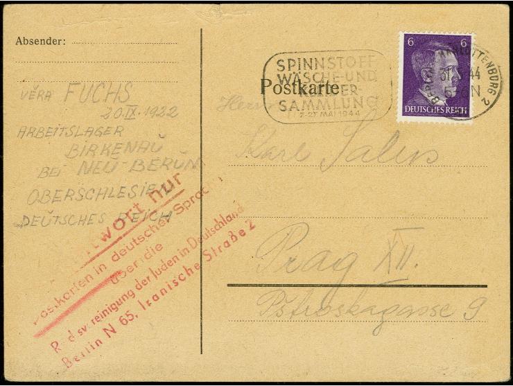 KZ Auschwitz: 1944, frankierte Postkarte mit Poststempel aus "BERLIN-CHARLOTTENBURG 2 31.5." mit Absendervermerk "Arbeitslage
