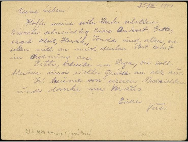 KZ Auschwitz: 1944, frankierte Postkarte mit Poststempel aus "BERLIN-CHARLOTTENBURG 2 31.5." mit Absendervermerk "Arbeitslage