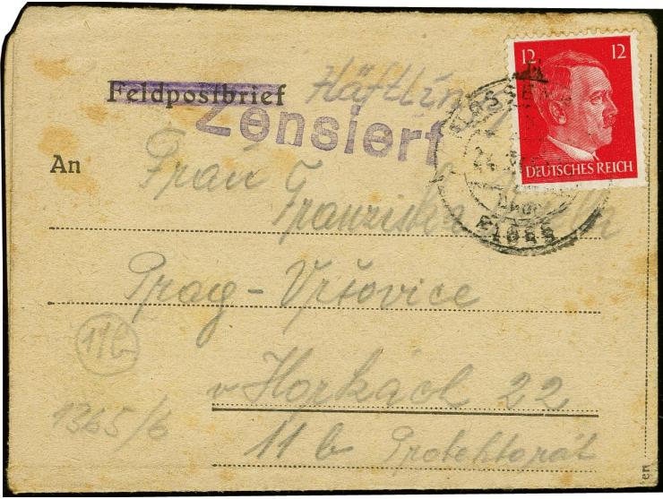 KZ Flossenburg: 1945, 12 Pfg. Hitler mit Stempel "FLOSSENBURG über FLOSS 24.2." auf Feldpost-Faltbrief (Vordruck durchgestric