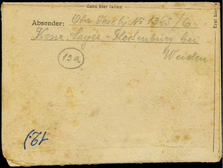 KZ Flossenburg: 1945, 12 Pfg. Hitler mit Stempel "FLOSSENBURG über FLOSS 24.2." auf Feldpost-Faltbrief (Vordruck durchgestric