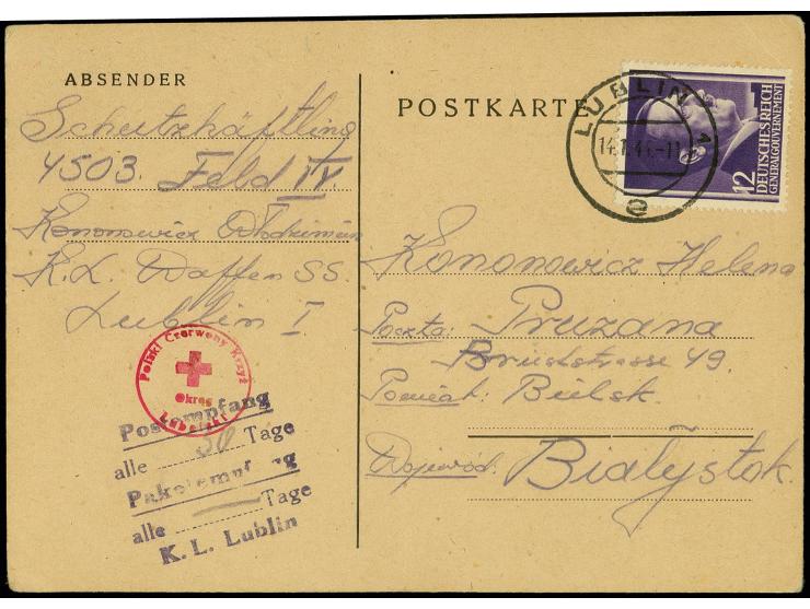 KZ Lublin: 1944, frankierte Vordruckkarte (rückseitig "Majdanek" geschwärzt) von "LUBLIN 14.1.44" mit Rot Kreuz-Stempel und v