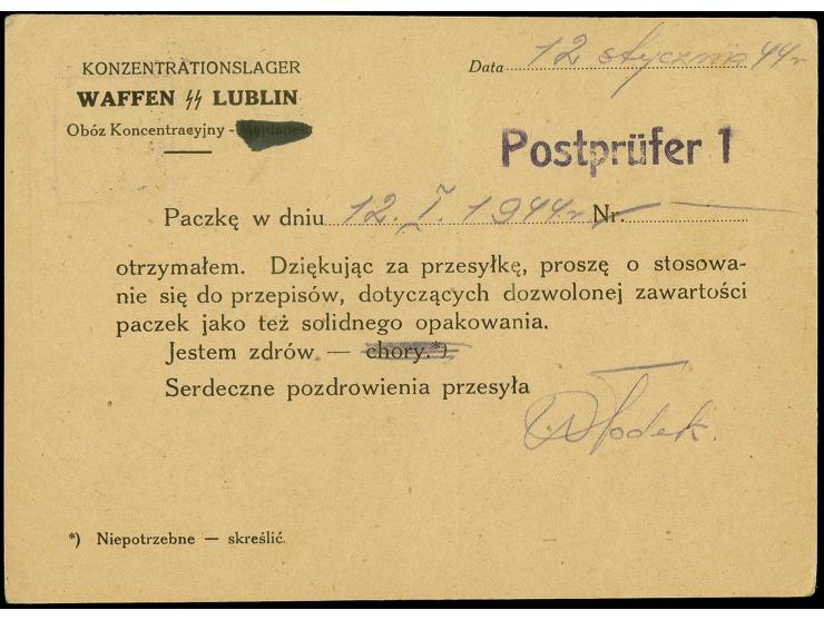 KZ Lublin: 1944, frankierte Vordruckkarte (rückseitig "Majdanek" geschwärzt) von "LUBLIN 14.1.44" mit Rot Kreuz-Stempel und v