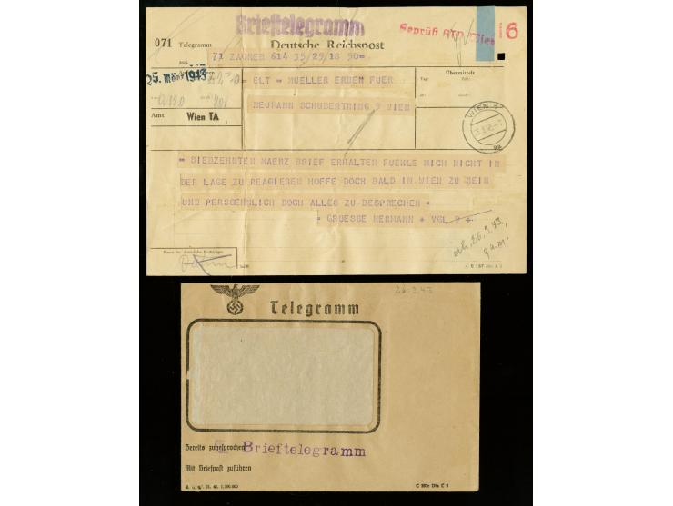 1943, Telegramm-Zensur "Geprüft ATP.Wien" in rot, klar auf Brieftelegramm aus Zagreb mit Poststempel "Wien 26.3." und Versand