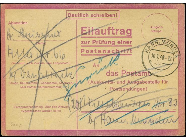 80 Pfg. mit Stempel "LOTTE 24.12." rückseitig auf alter, gebrauchter Eilnachrichten-Karte als Notpaketkarte nach Hann.Münden 
