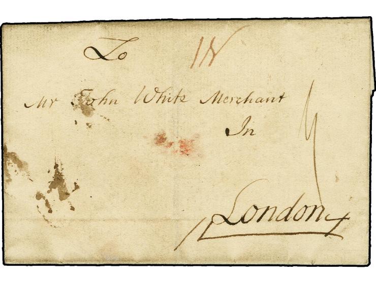 1738, "DUBLIN", black straight line (27:4 mm), clear strike on reverse of lettersheet with adjacent bishop mark "23/4" to Lon
