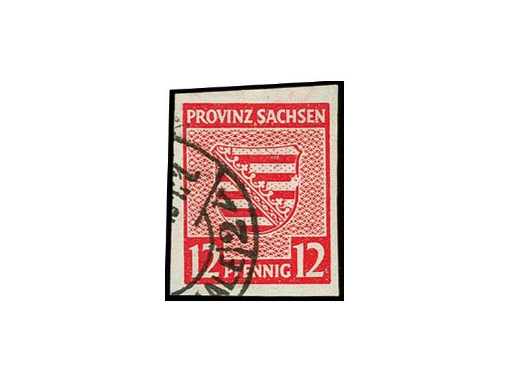 1945, Provinzwappen 12 Pfg. mit Plattenfehler "großer weißer Fleck ganz rechts am dritten Band von unten im Wappenschild", ge