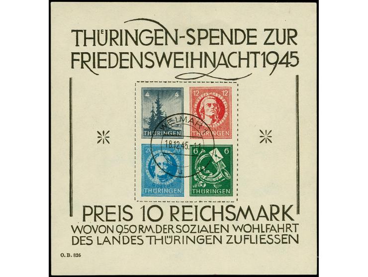 Weihnachtsblock auf weißem Papier, Type IV, zentrisch gestempelt "WEIMAR 18.12.45", bis auf eine kleine Randstauchung rechts 
