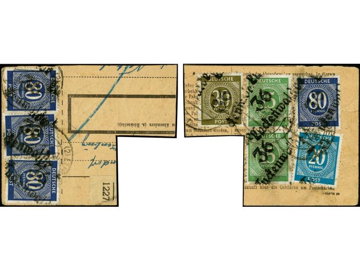 "36 / Luckenwalde" auf Ziffer 80 Pfg. (4), 15 Pfg. grün (2), 20 Pfg. und 30 Pfg. mit Stempel "LUCKENWALDE n 29.6.48" vorder- 