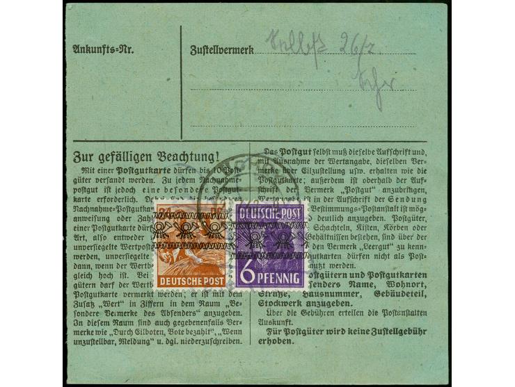 PAKETSPERRE: 1948, Arbeiter 80 Pfg. und zwei Einzelwerte 20 Pfg. je mit Stempel "BERLIN O34 1.6.48" auf Paketkarte nach Golla