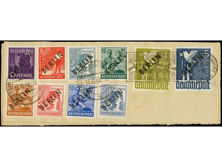 1948, Schwarzaufdruck 2 Pfg.-5 M. mit Luftbrücken- bzw. Tagesstempel auf 2 Briefstücken, einwandfrei, Fotoattest H.-D. Schleg