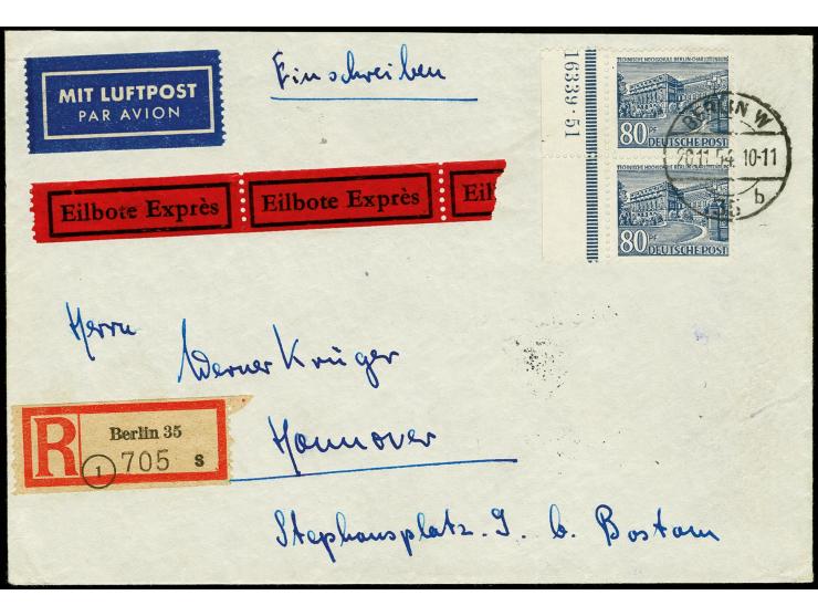 1949, Bauten 1-15 Pfg. und 30-90 Pfg. jeweils als Randpaar bzw. im Randviererblock mit HAN auf 13 Briefen von Berlin nach Han