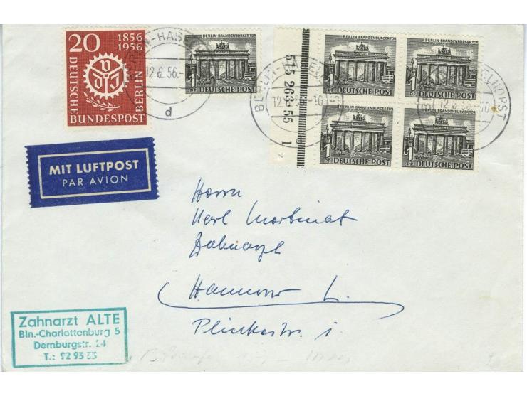 1949, Bauten 1-15 Pfg. und 30-90 Pfg. jeweils als Randpaar bzw. im Randviererblock mit HAN auf 13 Briefen von Berlin nach Han