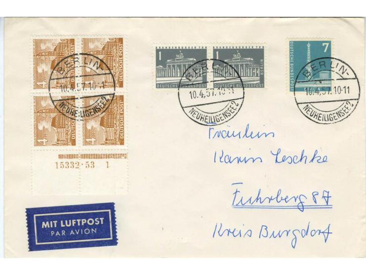 1949, Bauten 1-15 Pfg. und 30-90 Pfg. jeweils als Randpaar bzw. im Randviererblock mit HAN auf 13 Briefen von Berlin nach Han