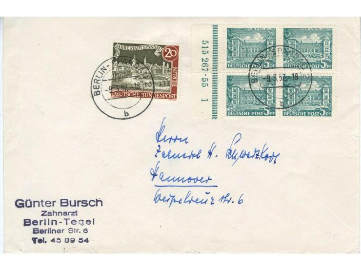 1949, Bauten 1-15 Pfg. und 30-90 Pfg. jeweils als Randpaar bzw. im Randviererblock mit HAN auf 13 Briefen von Berlin nach Han