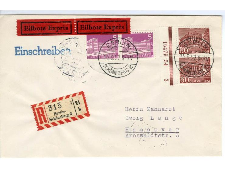 1949, Bauten 1-15 Pfg. und 30-90 Pfg. jeweils als Randpaar bzw. im Randviererblock mit HAN auf 13 Briefen von Berlin nach Han