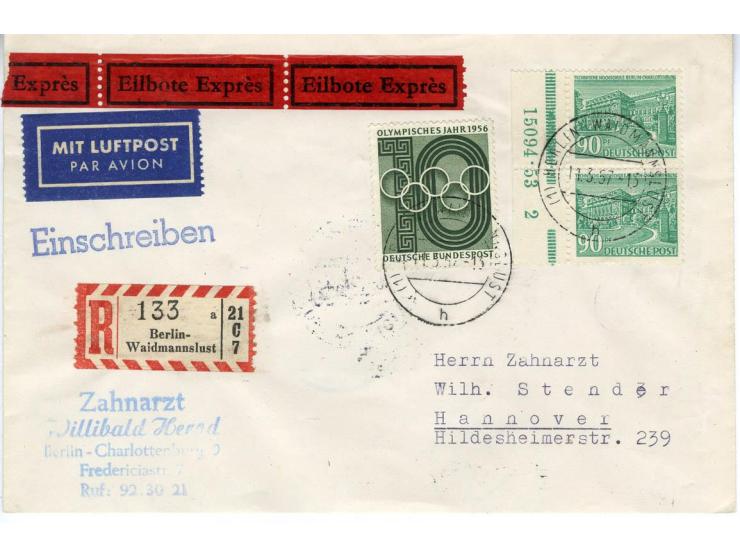 1949, Bauten 1-15 Pfg. und 30-90 Pfg. jeweils als Randpaar bzw. im Randviererblock mit HAN auf 13 Briefen von Berlin nach Han