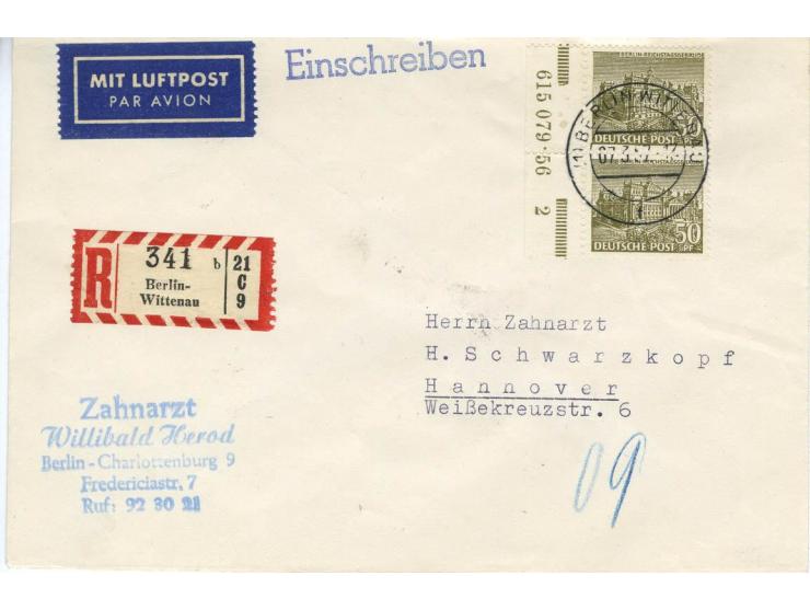 1949, Bauten 1-15 Pfg. und 30-90 Pfg. jeweils als Randpaar bzw. im Randviererblock mit HAN auf 13 Briefen von Berlin nach Han