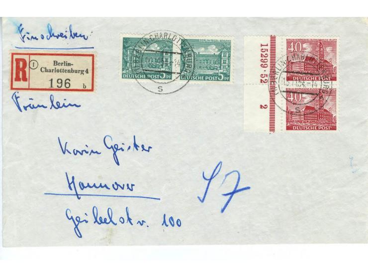 1949, Bauten 1-15 Pfg. und 30-90 Pfg. jeweils als Randpaar bzw. im Randviererblock mit HAN auf 13 Briefen von Berlin nach Han