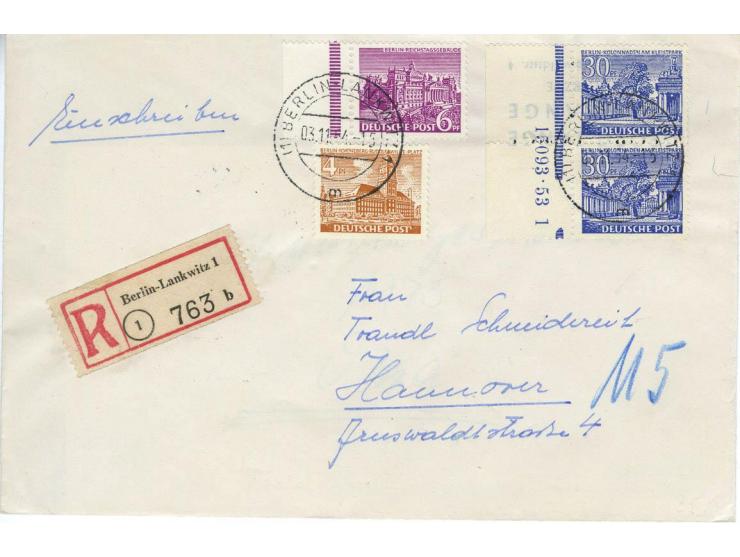 1949, Bauten 1-15 Pfg. und 30-90 Pfg. jeweils als Randpaar bzw. im Randviererblock mit HAN auf 13 Briefen von Berlin nach Han