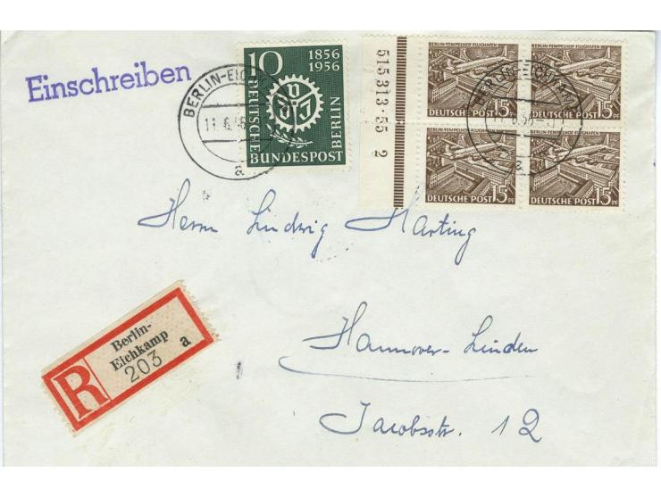 1949, Bauten 1-15 Pfg. und 30-90 Pfg. jeweils als Randpaar bzw. im Randviererblock mit HAN auf 13 Briefen von Berlin nach Han