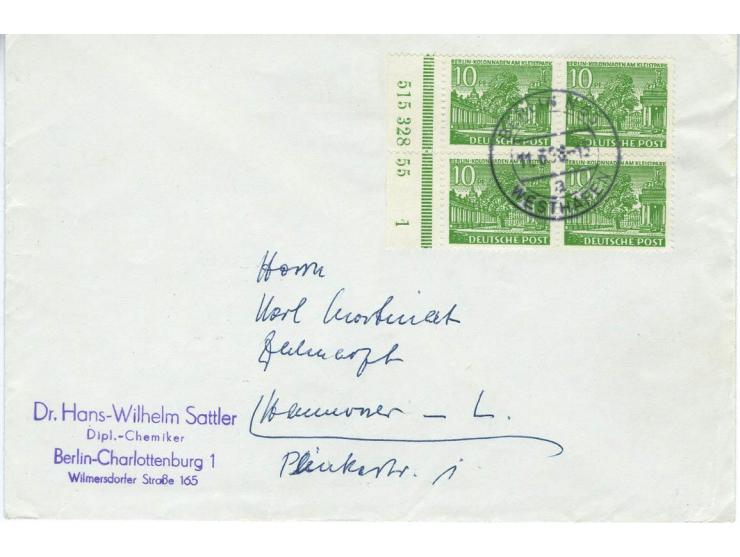 1949, Bauten 1-15 Pfg. und 30-90 Pfg. jeweils als Randpaar bzw. im Randviererblock mit HAN auf 13 Briefen von Berlin nach Han