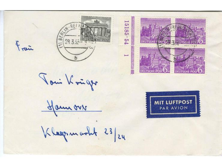 1949, Bauten 1-15 Pfg. und 30-90 Pfg. jeweils als Randpaar bzw. im Randviererblock mit HAN auf 13 Briefen von Berlin nach Han