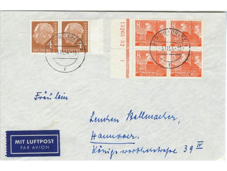1949, Bauten 1-15 Pfg. und 30-90 Pfg. jeweils als Randpaar bzw. im Randviererblock mit HAN auf 13 Briefen von Berlin nach Han