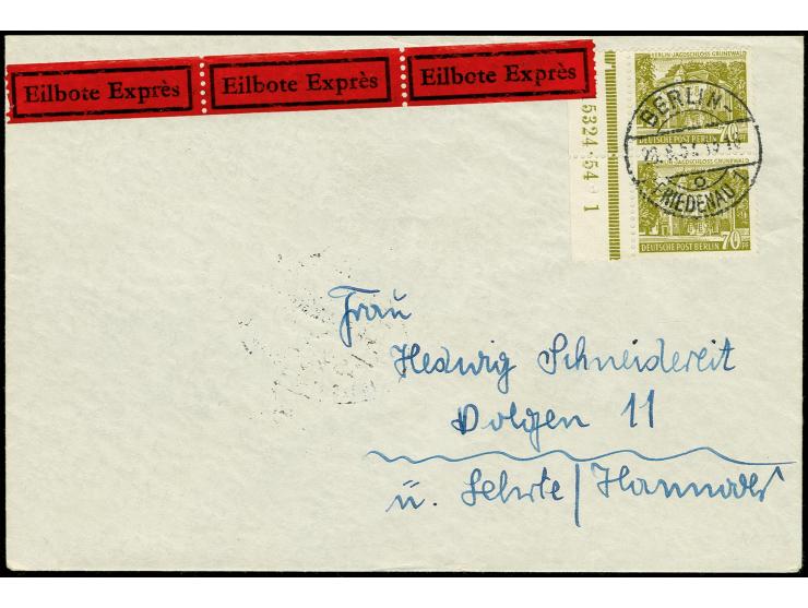 1954, Bauten 70 Pfg., senkrechtes Randpaar mit HAN "153424.54 1" als portogerechte Frankatur auf Eilboten-Brief mit Landzuste